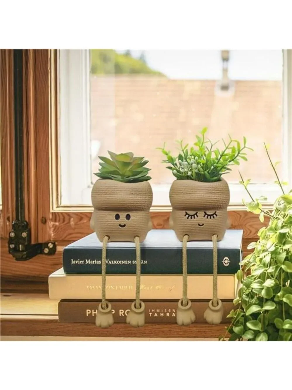 Set of 2 Smiley Face Succulent Planters with Artificial Plants Small Home Office